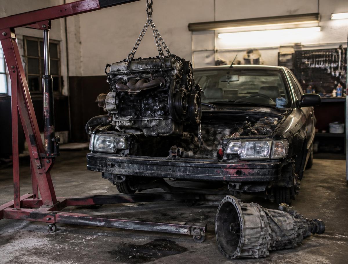Engine lifted out of a car with an engine hoist and a transmission on the shop floor