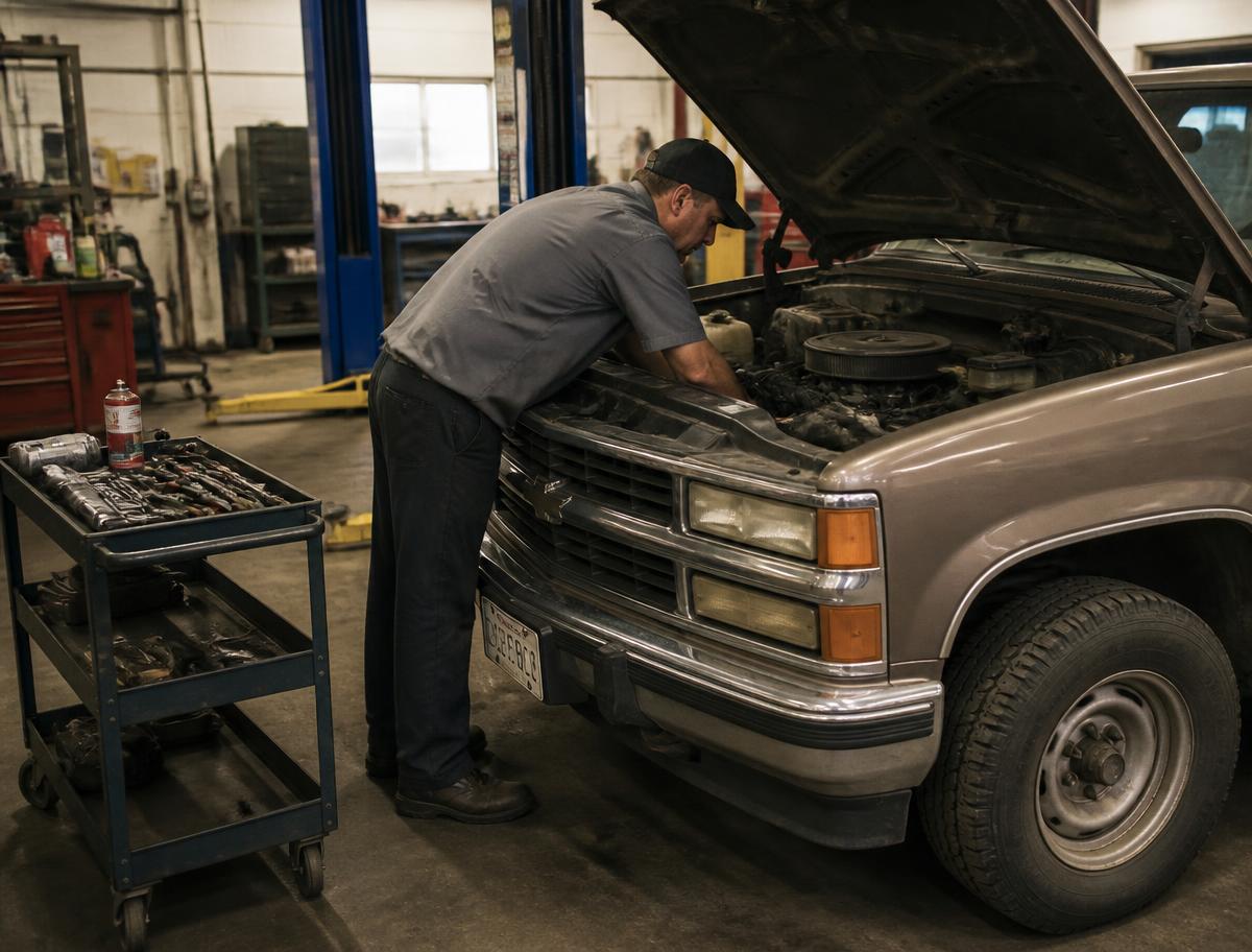 Mechanic working under the hood of a pickup truck inside an independent auto repair shop